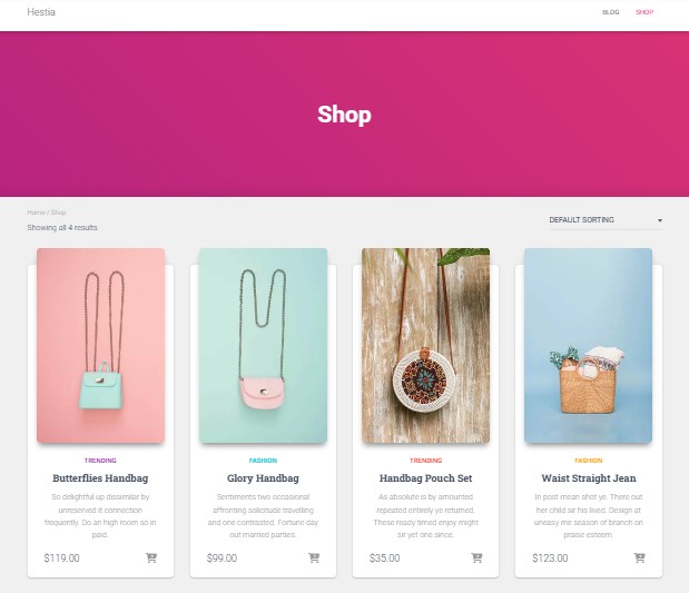 Hestia shop page showing four handbag products.