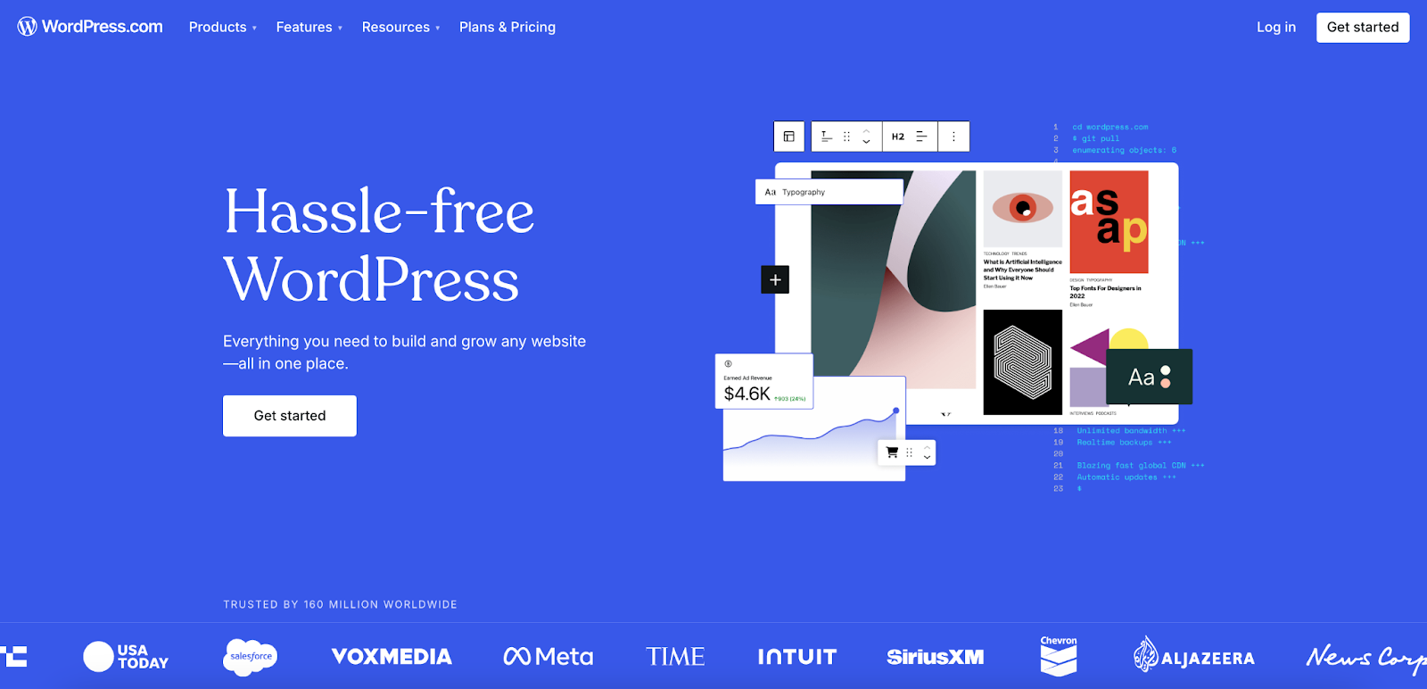 Pressable's website homepage hero section with title, paragraph copy, and 'get started' button.