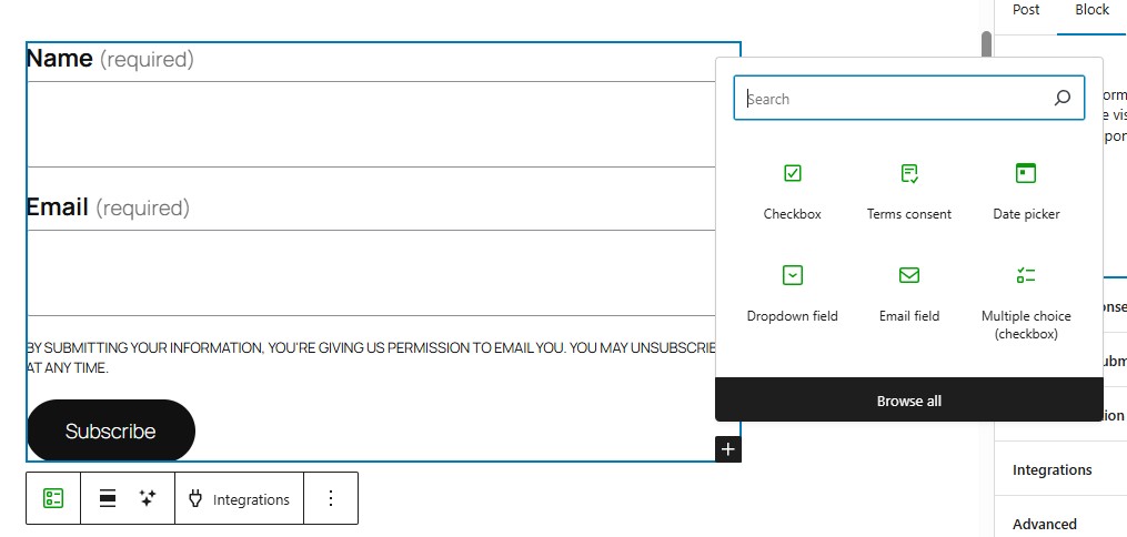 Webform block as seen in the page/post editor showing name and email fields along with a menu of fields available to add.