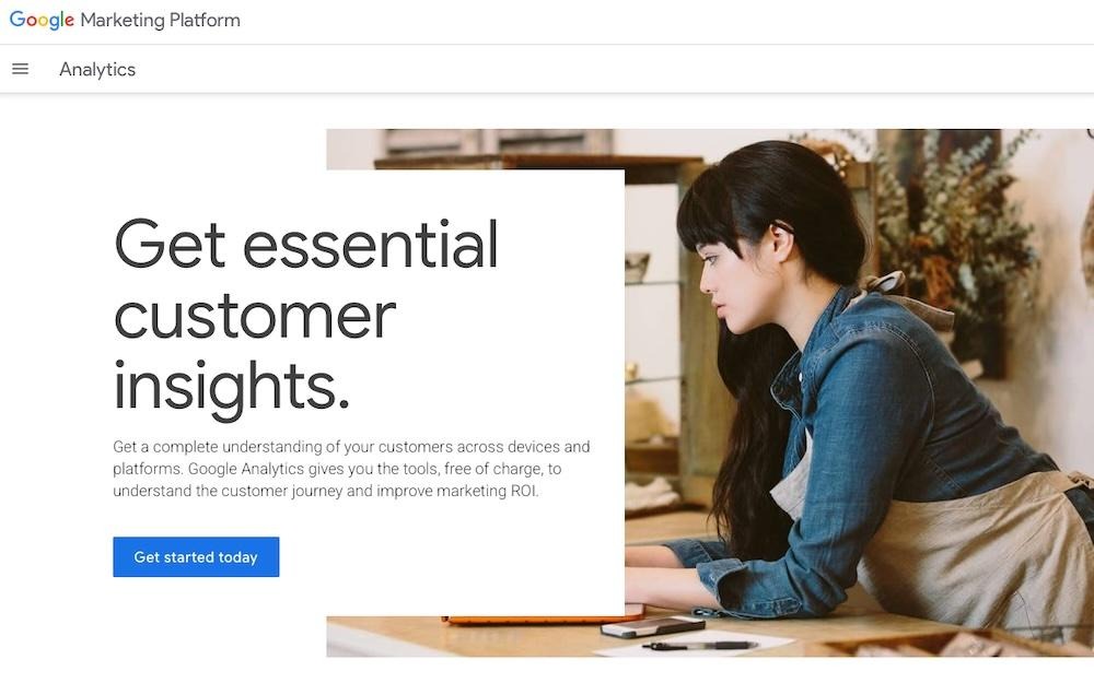 Google Analytics' website homepage hero with title, paragraph copy, and 'get started today' button.