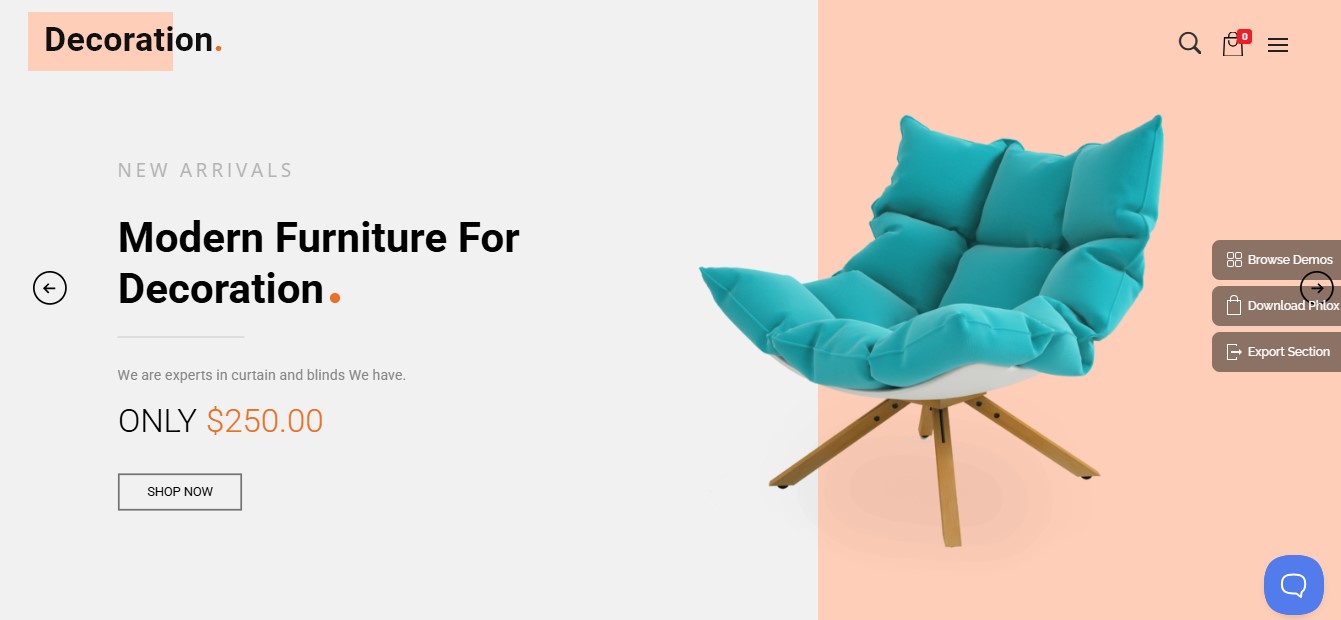 Decoration homepage hero section with title, subtitle, paragraph, promotional copy, image, and "shop now" button.