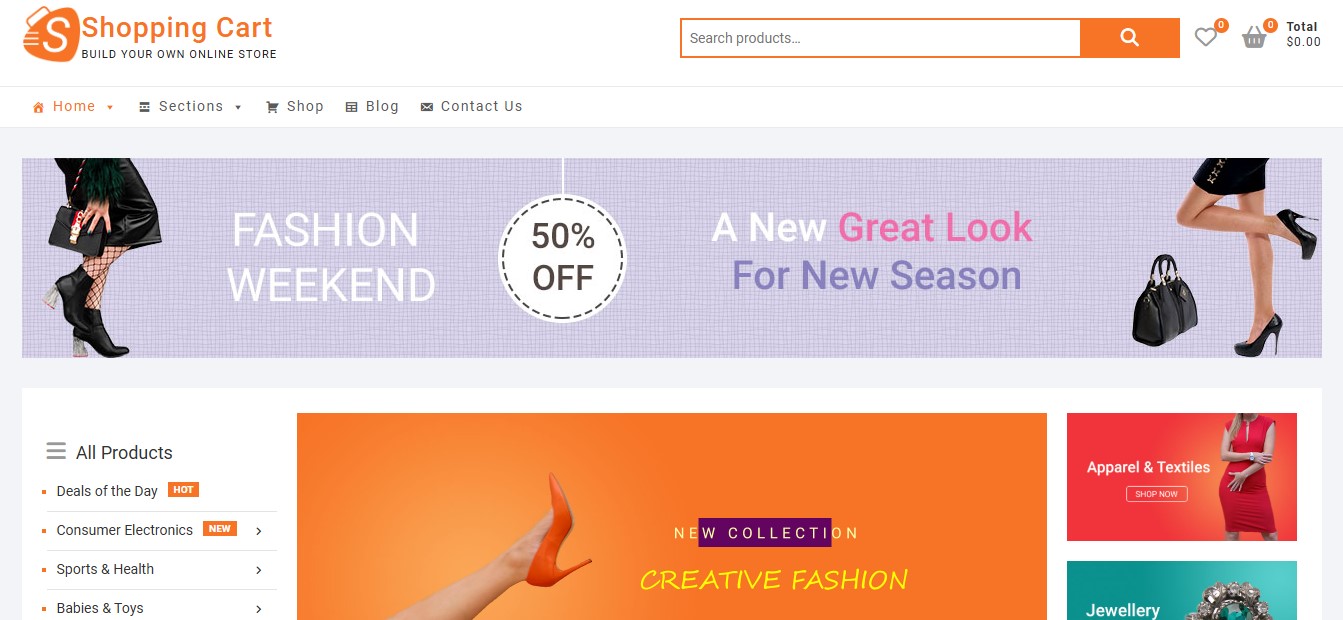 Shopping Cart online store builder homepage with 50% off promotion.