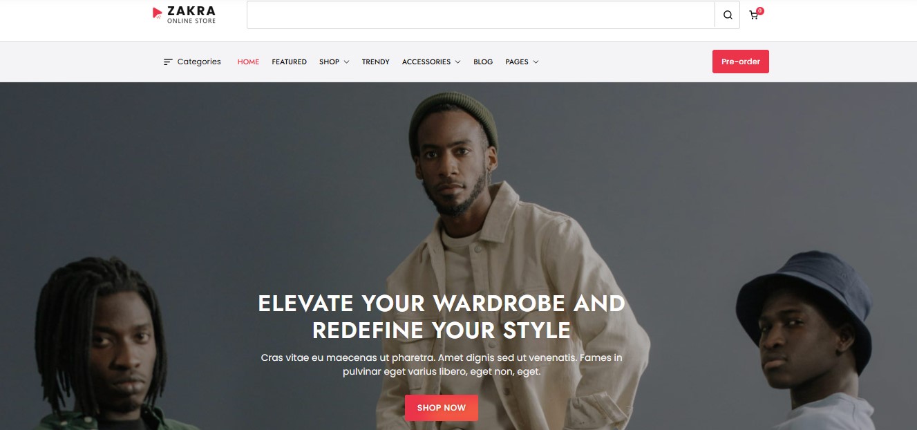 Zakra online store homepage hero with title, paragraph, image, and "Shop Now" button.
