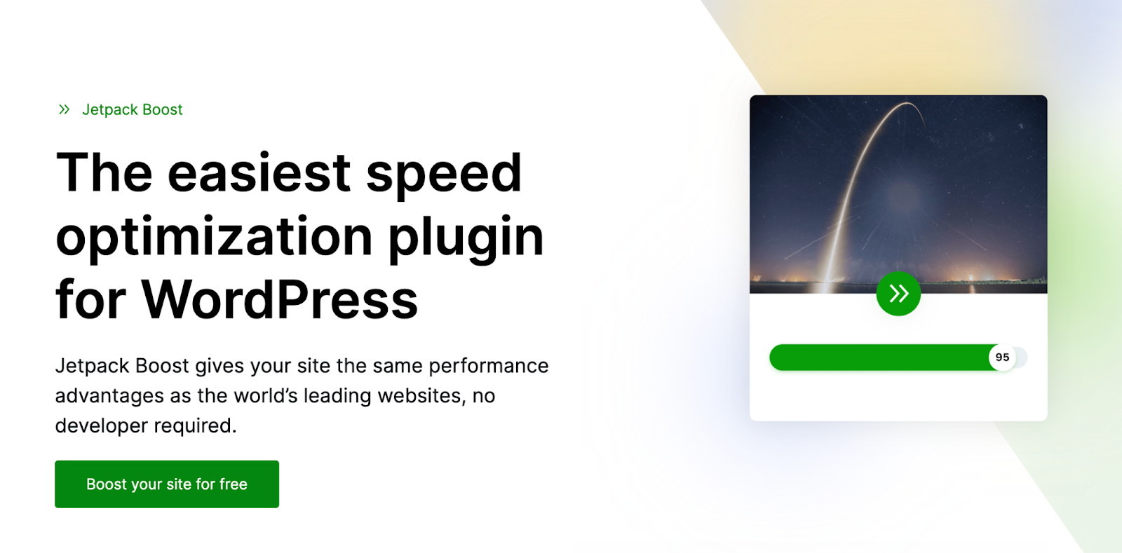 Jetpack Boost's website homepage hero section with title, subtitle, paragraph copy, and 'boost your site for free' button.