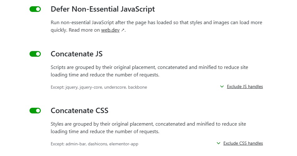 Jetpack optimization options with Defer non-essentional JS, Concatenate JS, and Concatenate CSS options enabled.