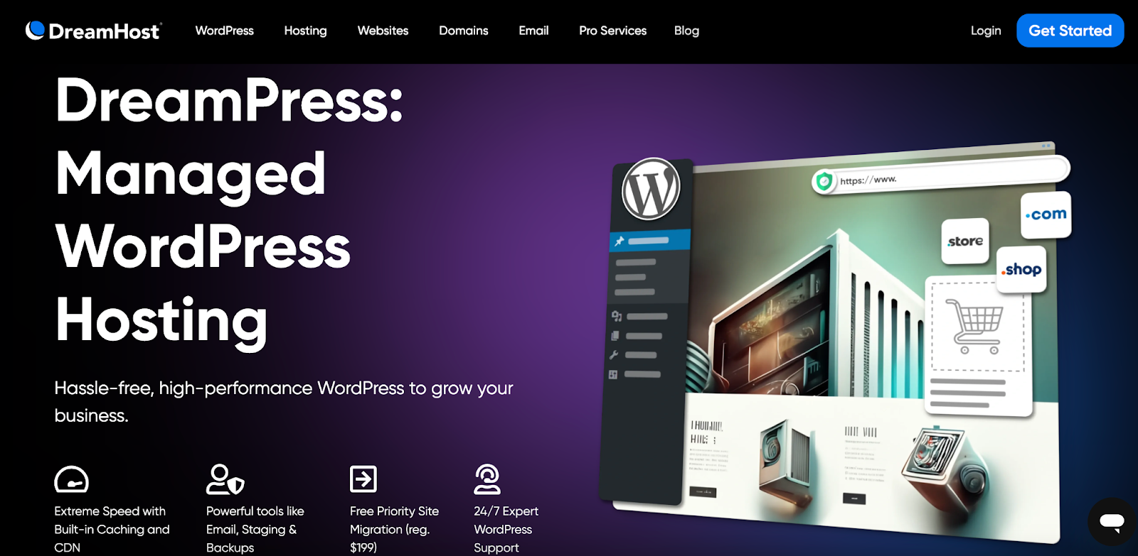 Dreamhost's website homepage hero section with title, subtitle, paragraph copy, and 'see pricing' and 'get demo' buttons.