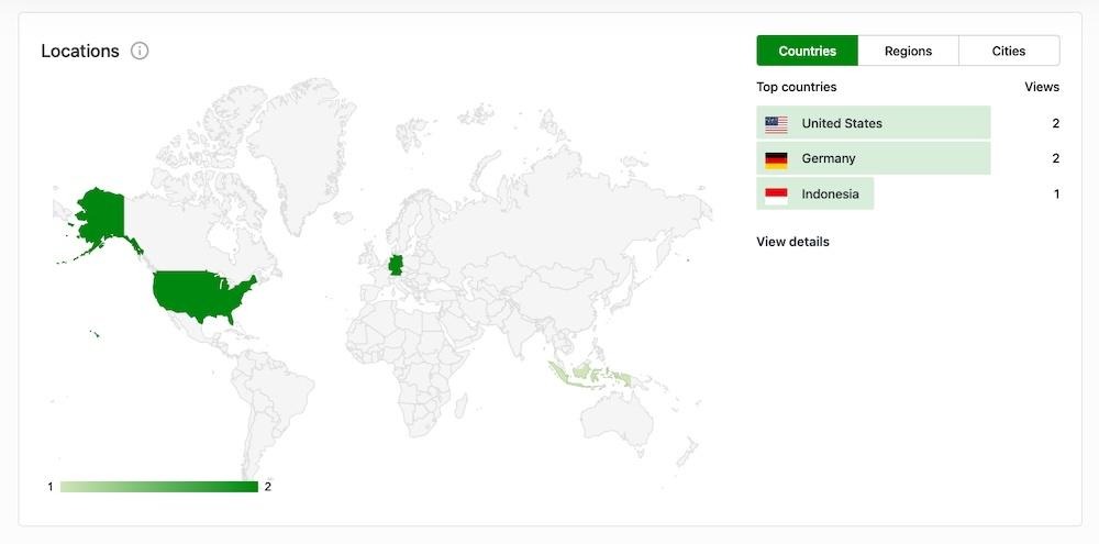 Jetpack Stats showing traffic by region on a map with the USA and Germany being the primary viewers are located. 