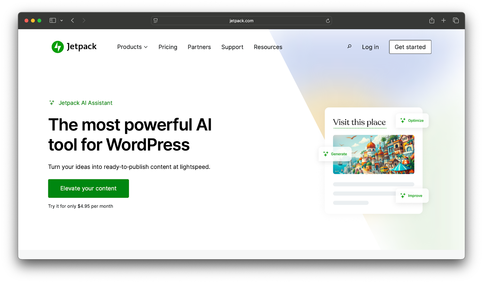 Jetpack website homepage hero section with title, subtitle, paragraph copy, image, and 'elevate your content' button.