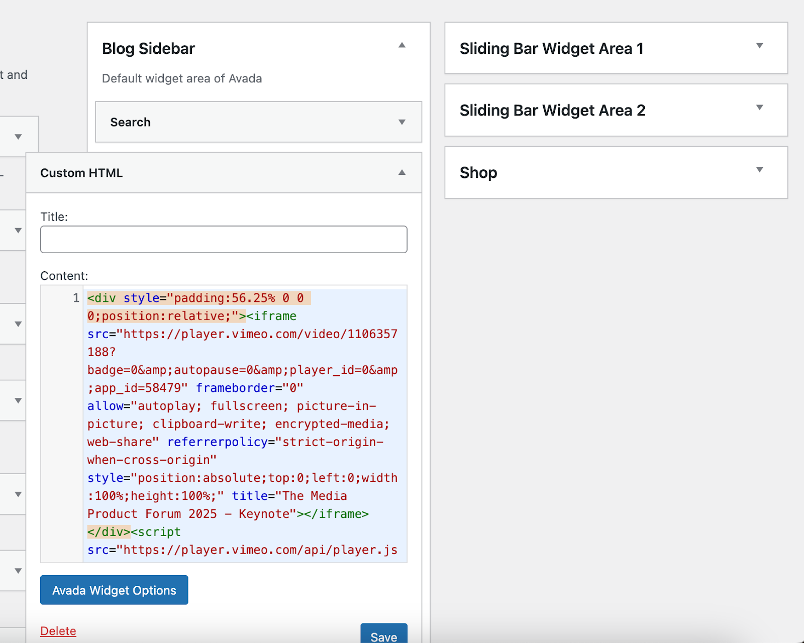 Video embed code snippet being placed in a custom HTML widget in the Blog Sidebar widget area. 
