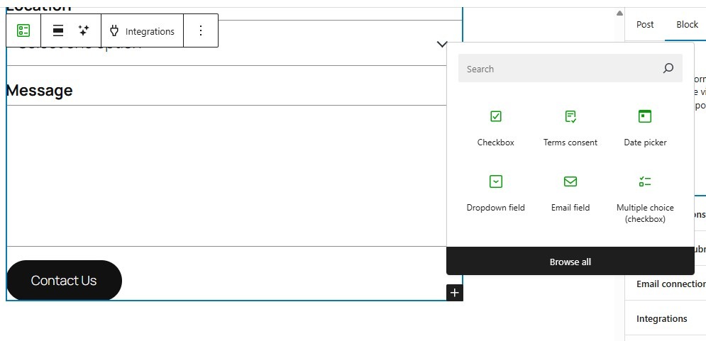 choosing new field types in Jetpack Forms