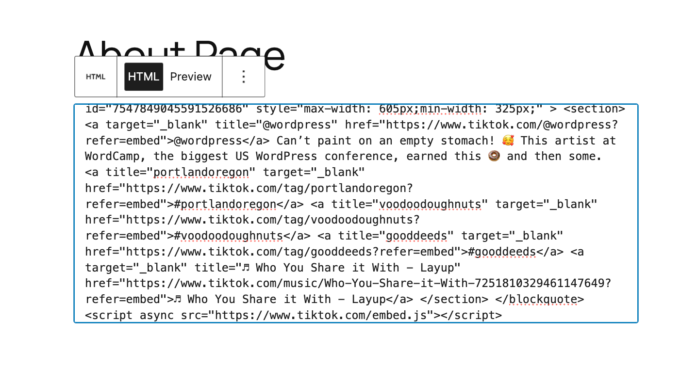 adding the embed code to a Custom HTML block
