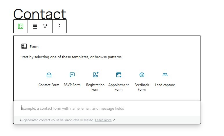 choosing a form template, with options for Contact, RSVP, Registration, etc.