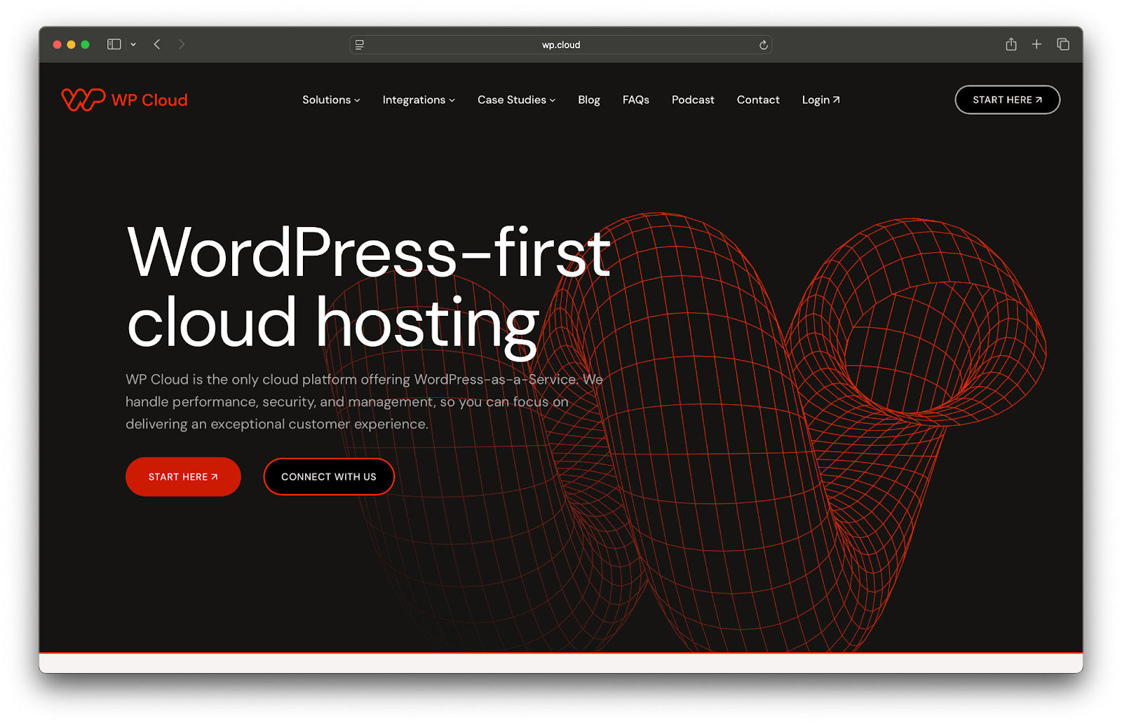 WP Cloud homepage hero section with a title, paragraph, graphic, and "start here" and "connect with us" buttons.