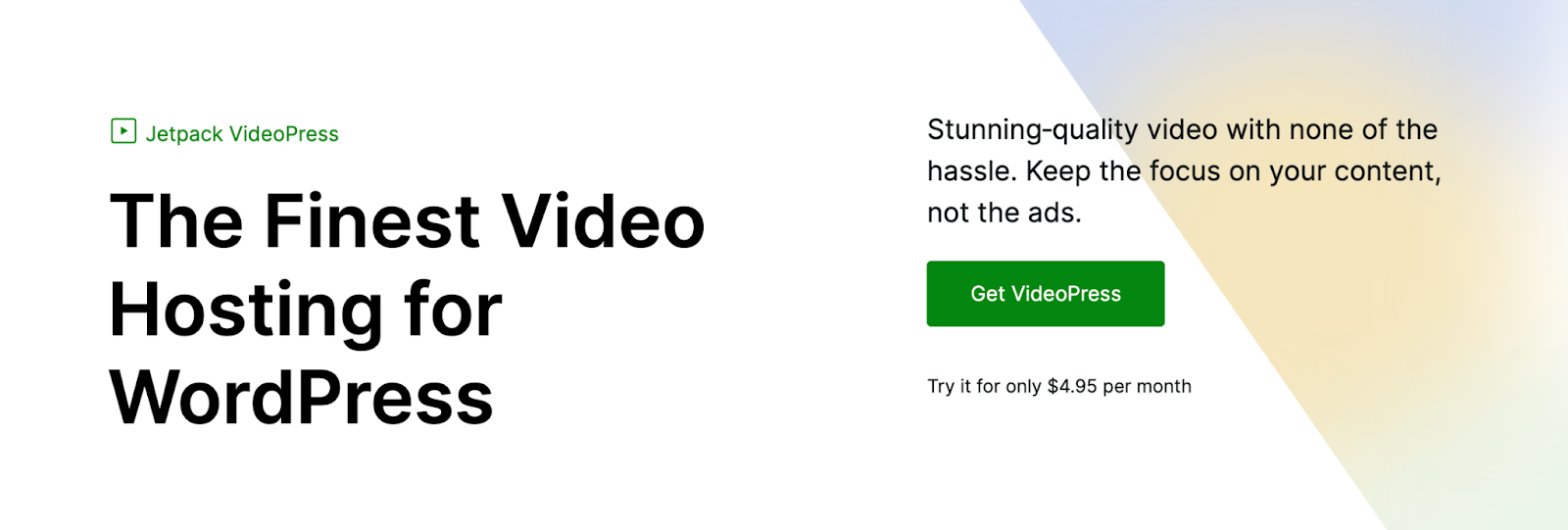 Jetpack VideoPress homepage with the text "the finest video hosting for WordPress"