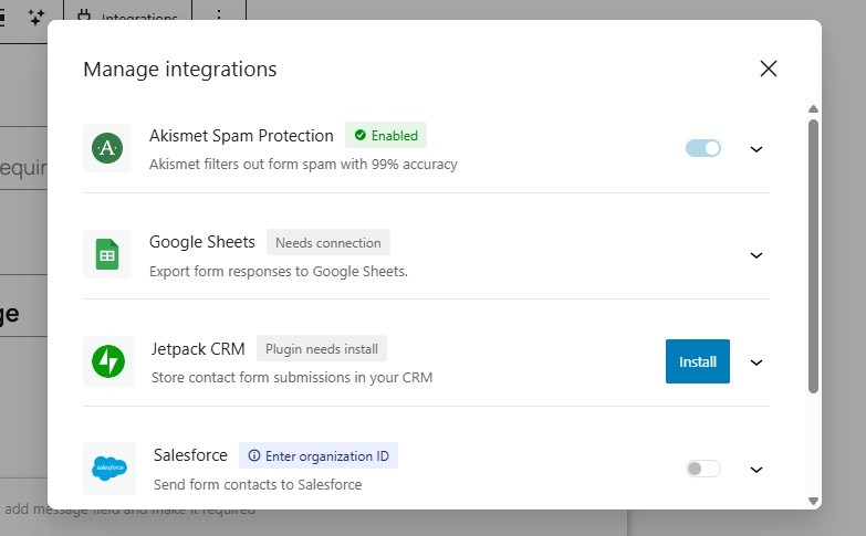 options to connect Jetpack Forms to Akismet, Google Sheets, and more.