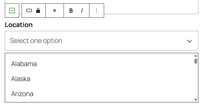 dropdown with a list of states