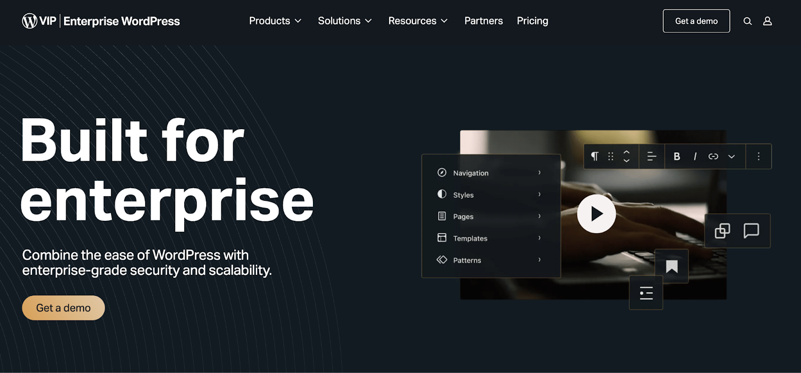 WordPress VIP homepage hero section with a title, paragraph, graphic, and "get a demo" button.
