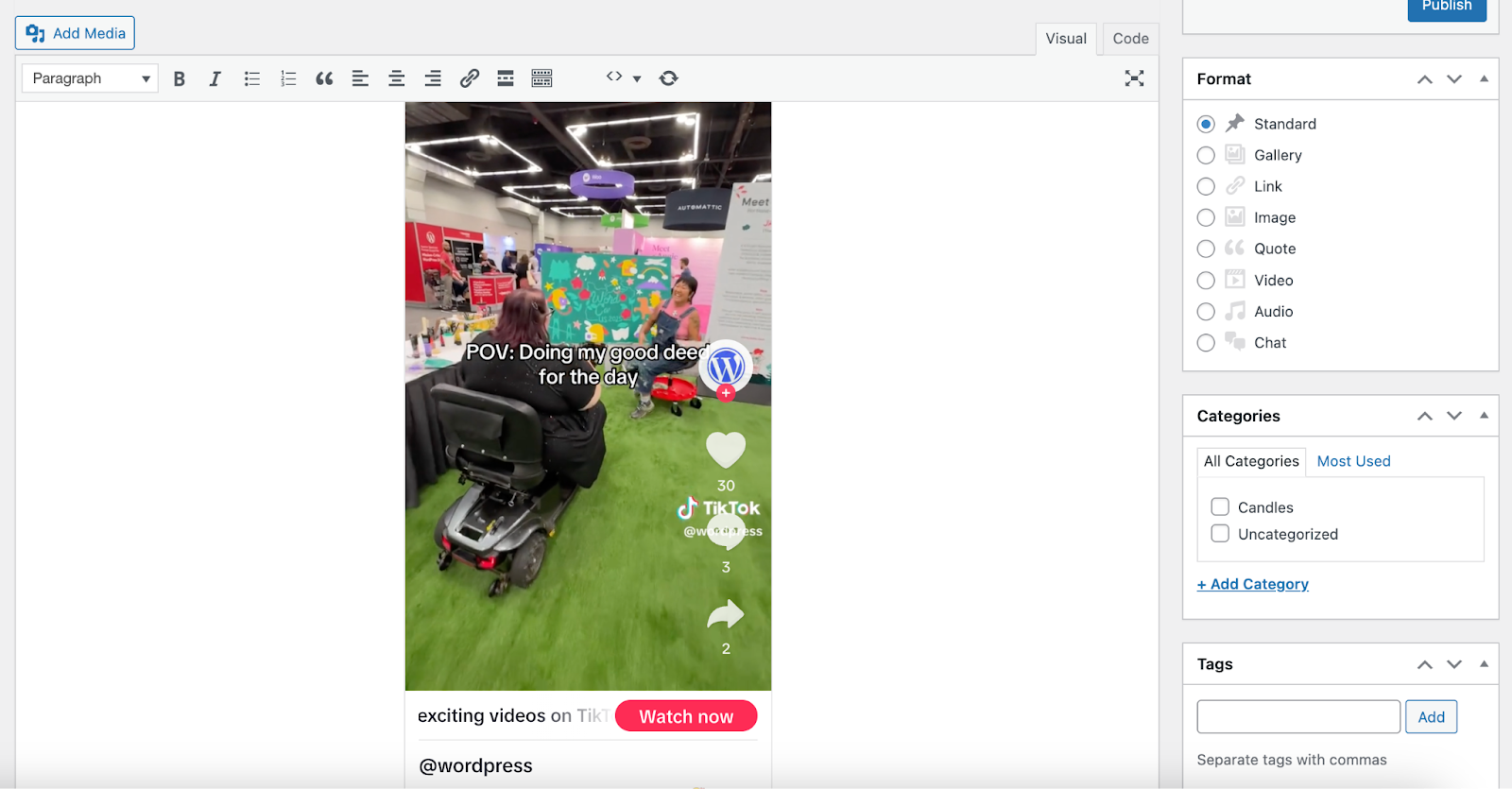 adding a TikTok video in the classic editor