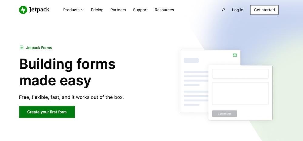 Jetpack Forms homepage hero section with title, subtitle, paragraph, image, and "create your first form" button.