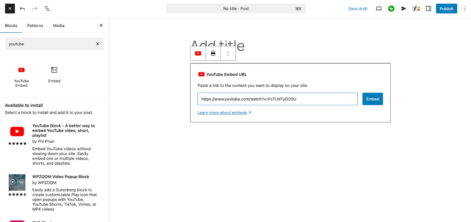 adding a YouTube Embed URL block 