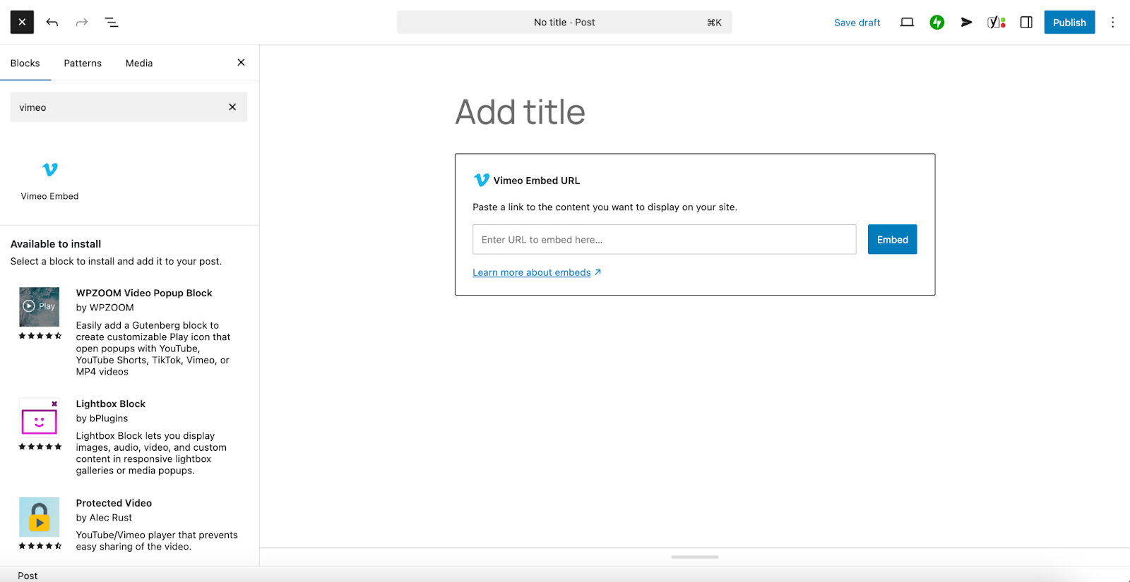 Vimeo Embed URL block with a simple text field and button as seen in the block editor of a WordPress website.