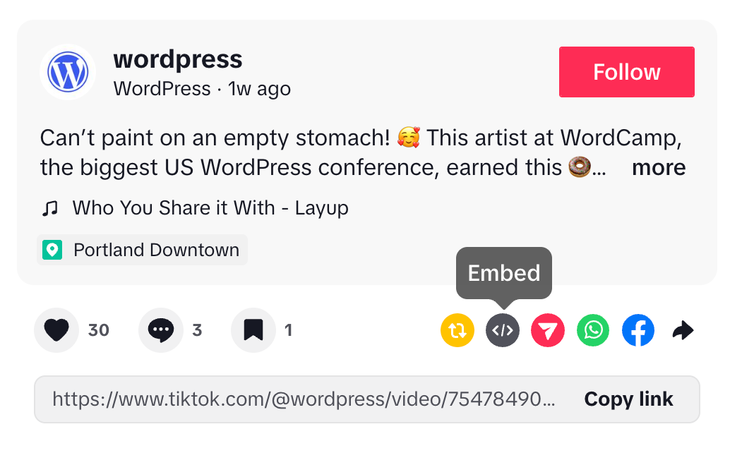 copying a TikTok embed code