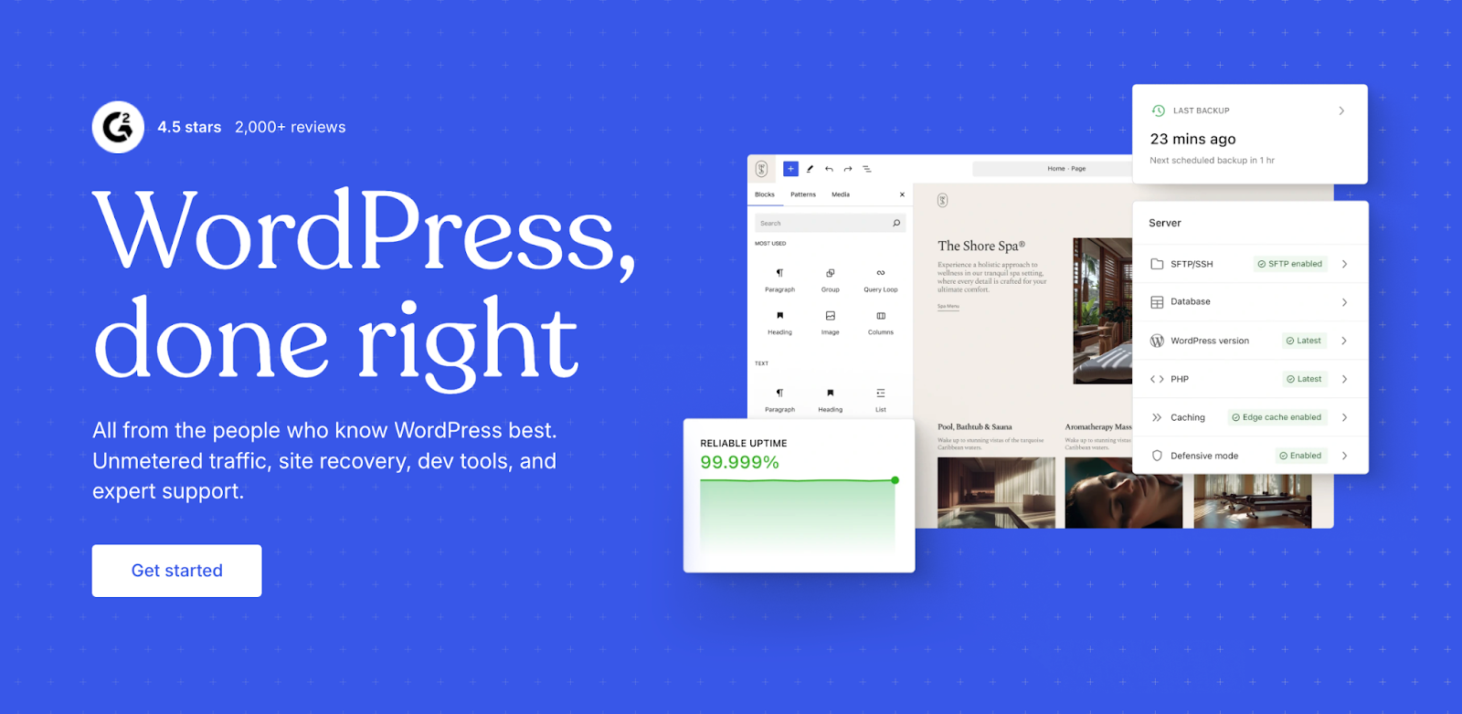 WordPress.com homepage hero section with a title, paragraph, graphic, and "get started" button.