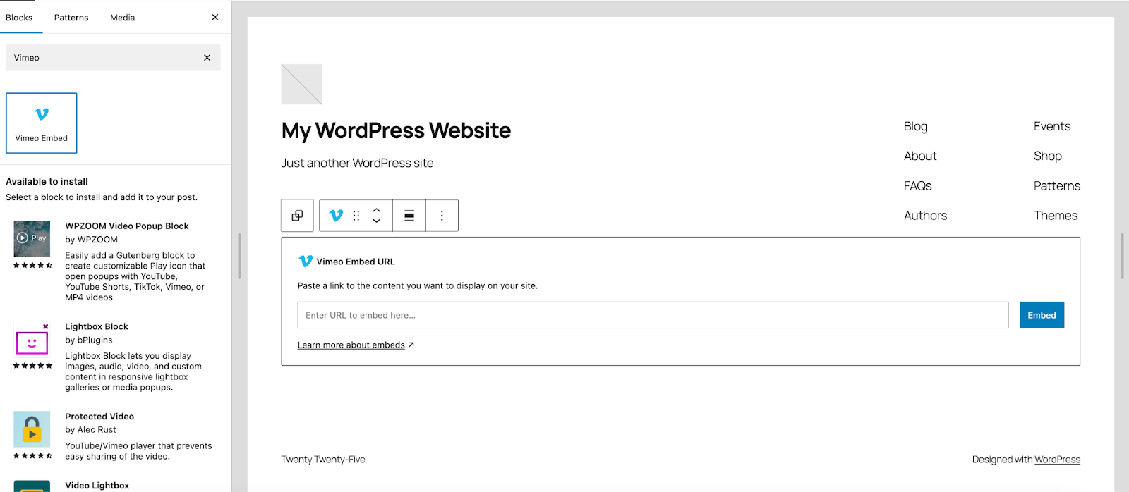 Vimeo Embed URL block with a simple text field and button as seen in the block editor of a WordPress website.