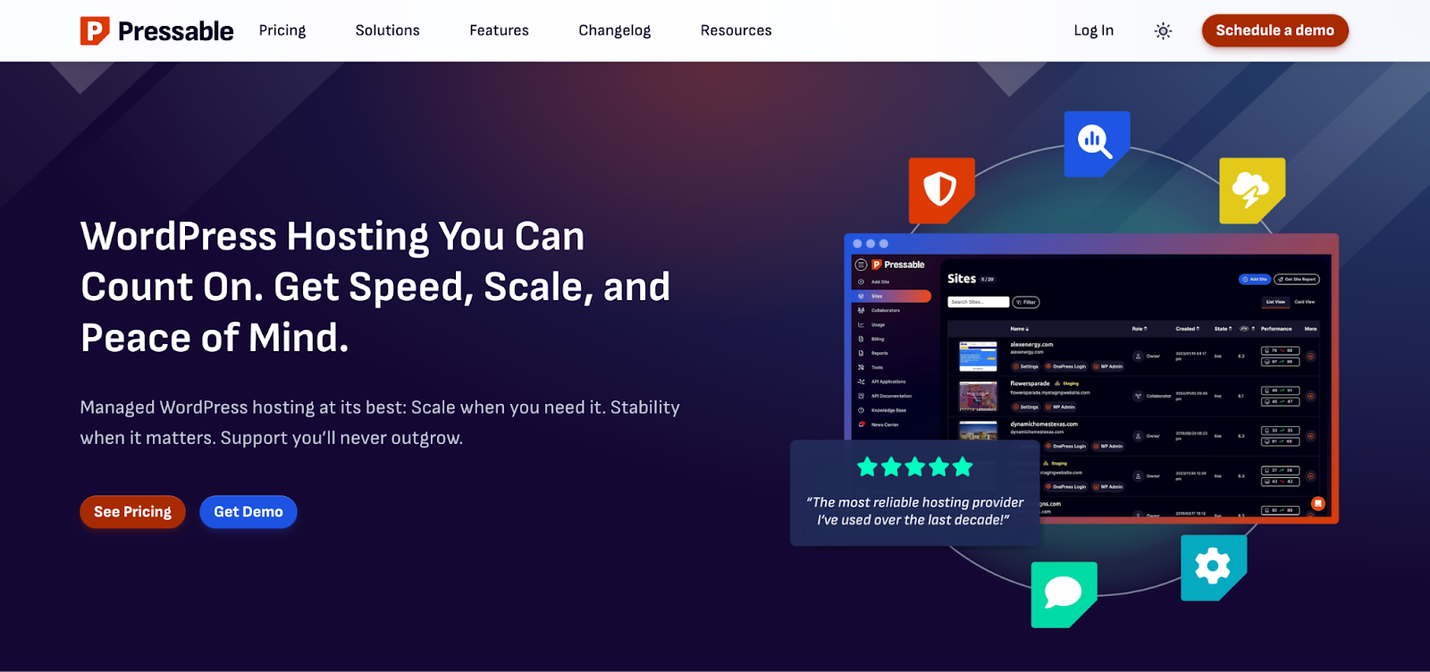 Pressable homepage hero section with a title, paragraph, graphic, and "see pricing" and "get demo" buttons.