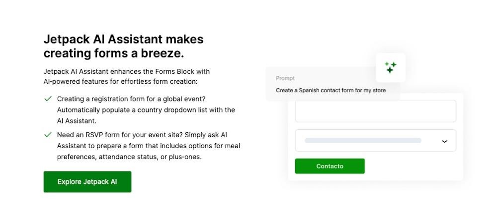 Jetpack AI Assistant call to action section with title, list, paragraph, image, and "explore jetpack ai" button.