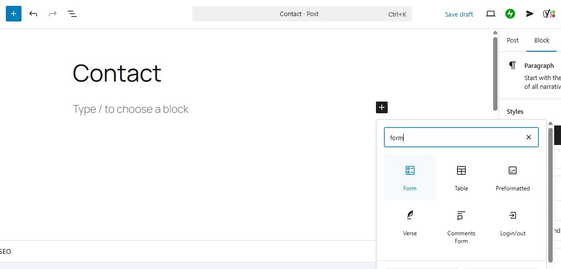 adding a Form block to a WordPress page