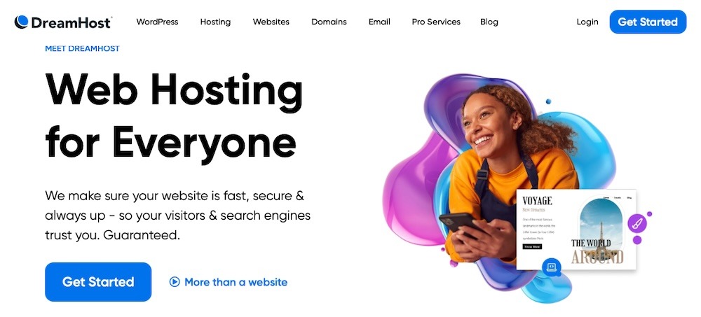 DreamHost homepage with the text "web hosting for everyone"