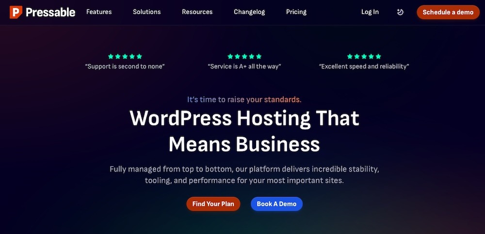 Pressable homepage with the text "WordPress hosting that means business"
