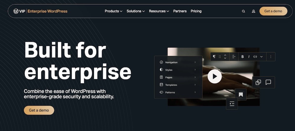 WP VIP homepage with the text "built for enterprise"