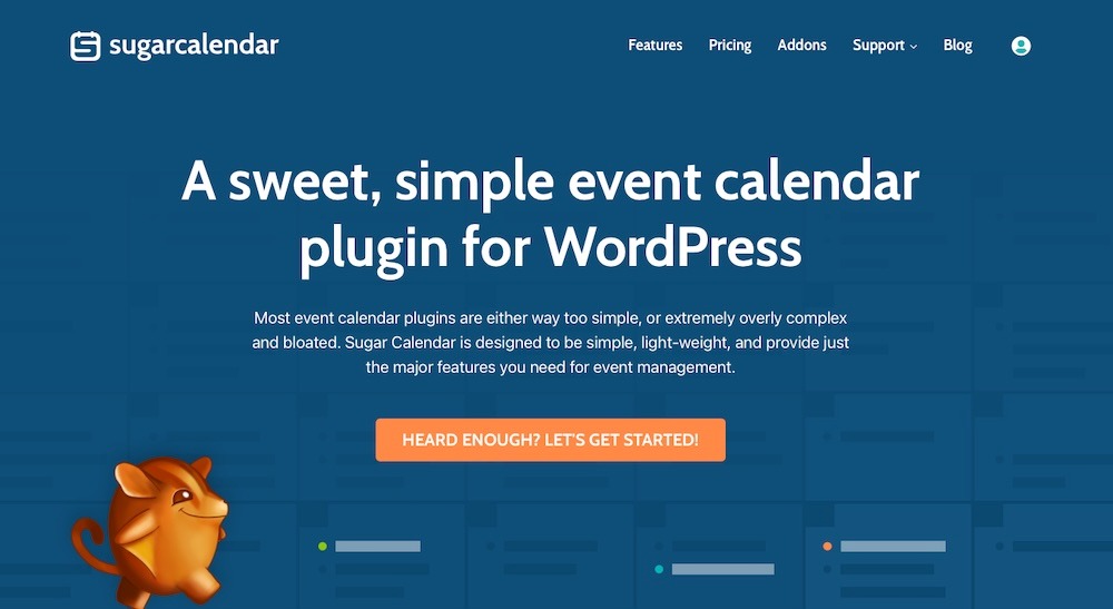 Sugar Calendar plugin page with the text "A sweet, simple event calendar plugin for WordPress"