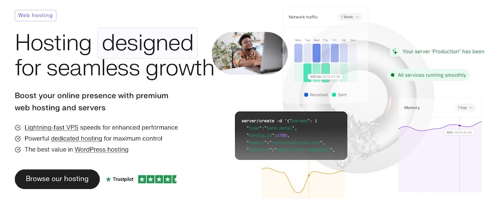 Liquid Web homepage with the text "hosting designed for seamless growth"