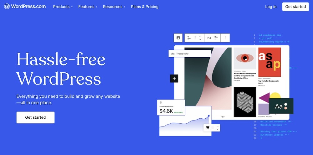 WordPress.com homepage with the text "Hassle-free WordPress"