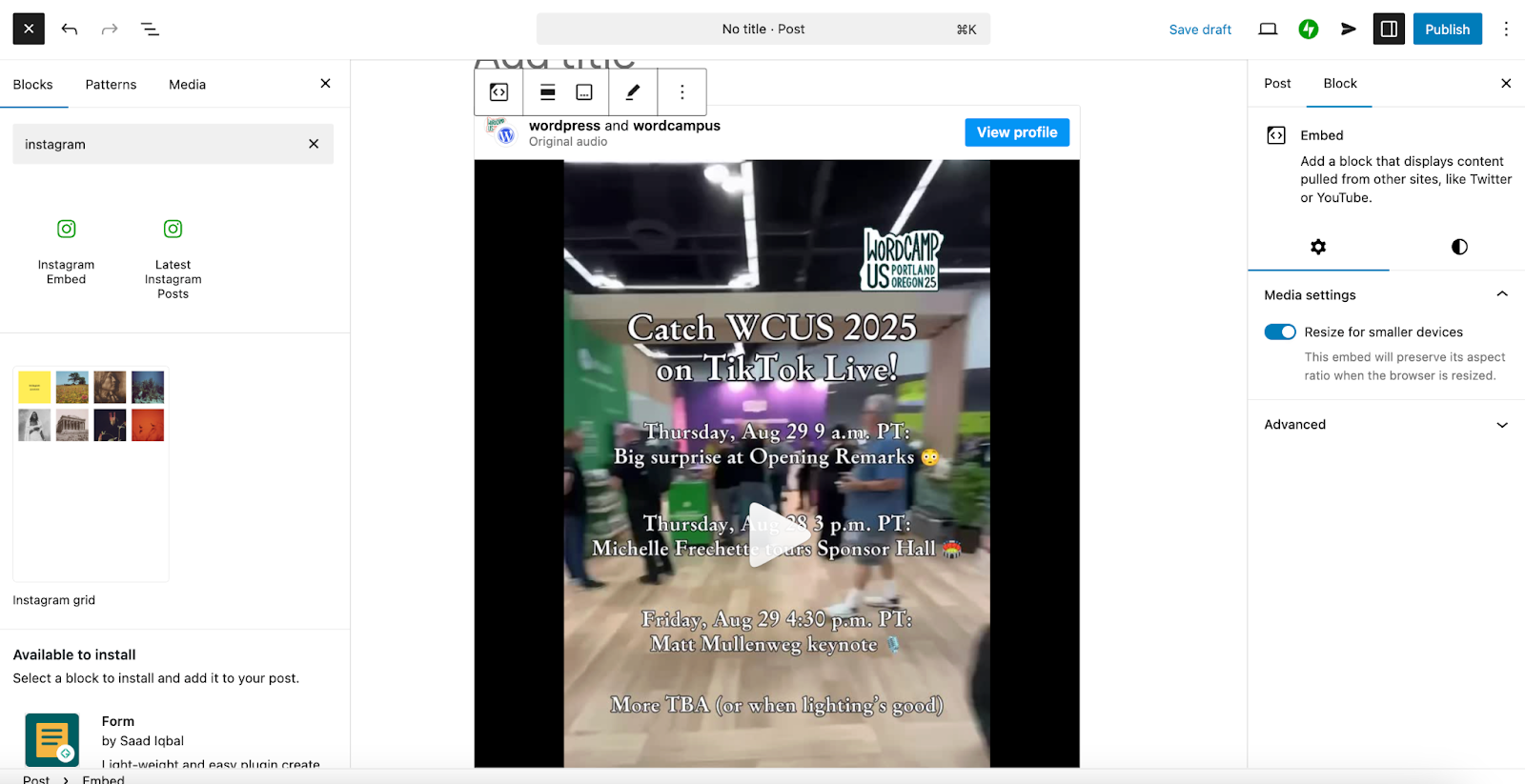 adding an Instagram Embed block