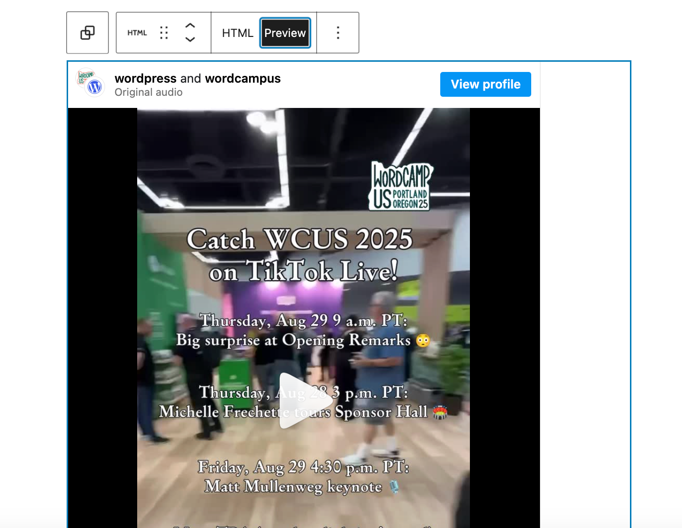 embedding a reel with a Custom HTML block
