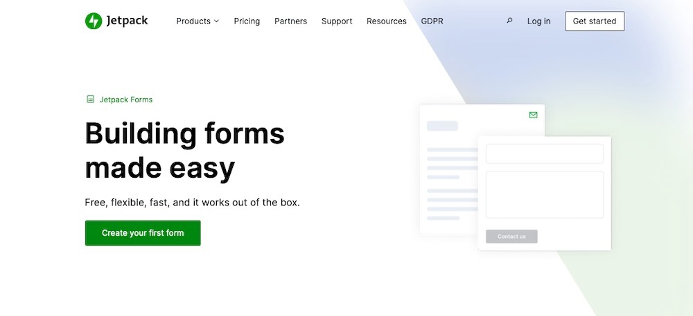 Jetpack Forms page with the text "Building forms made easy"
