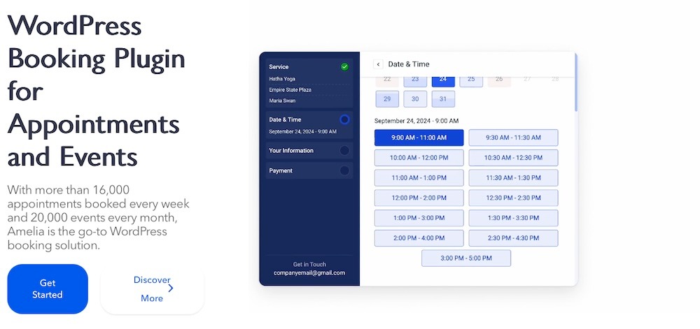Amelia plugin page with the text "WordPress booking plugin for appointments and events"