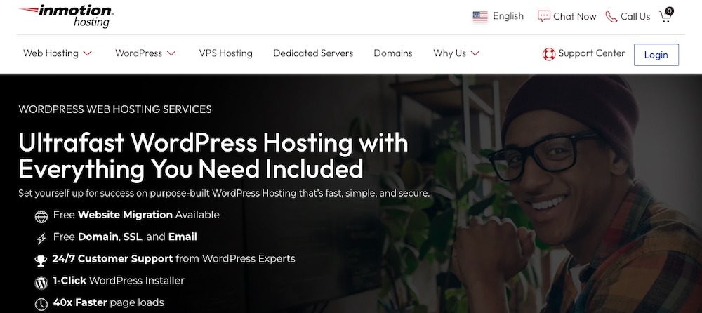 Inmotion homepage with the text "ultrafast WordPress hosting with everything you need included"