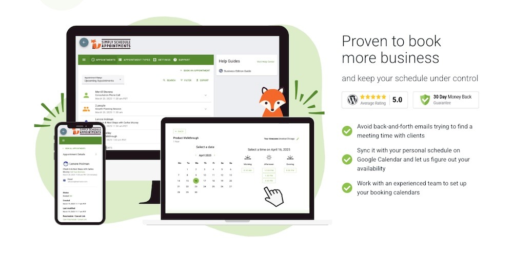 Simply Schedule appointments plugin page with the text "proven to book more business"