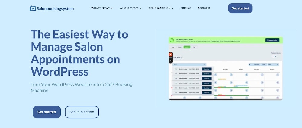 Salon Booking System plugin with the text "The easiest way to manage salon appointments on WordPress"