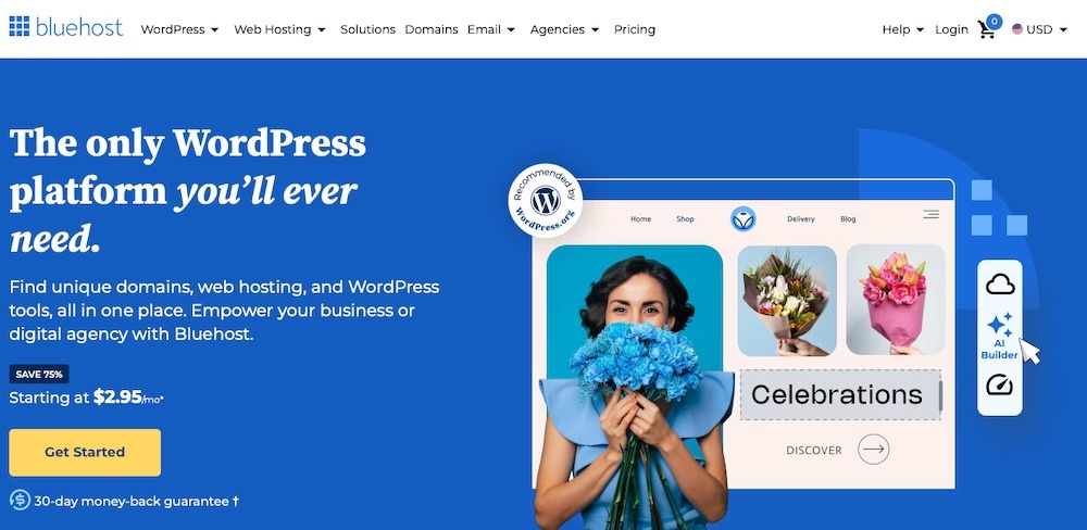 Bluehost homepage with the text "the only WordPress platform you'll ever need"
