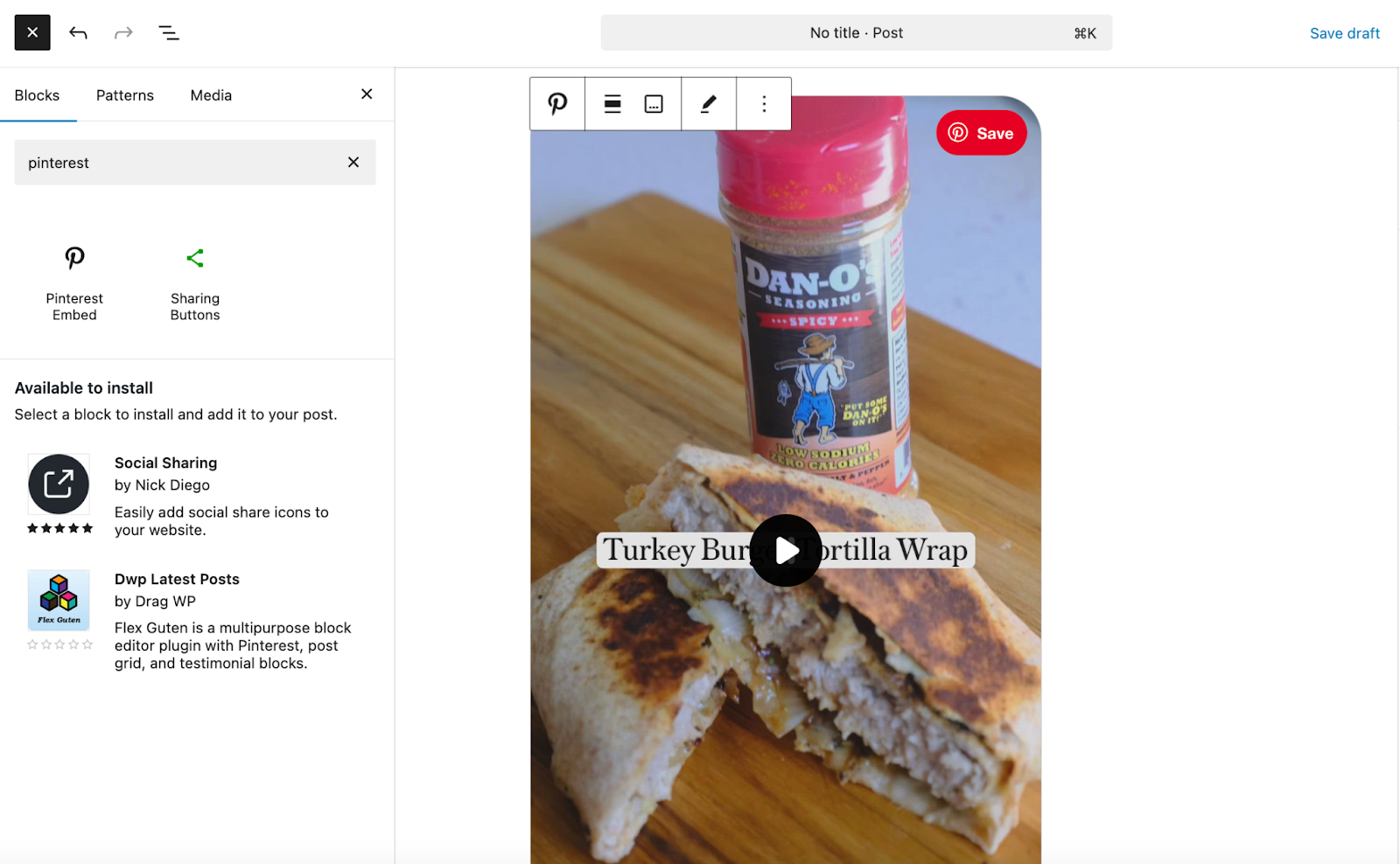 adding a Pinterest embed block to WordPress