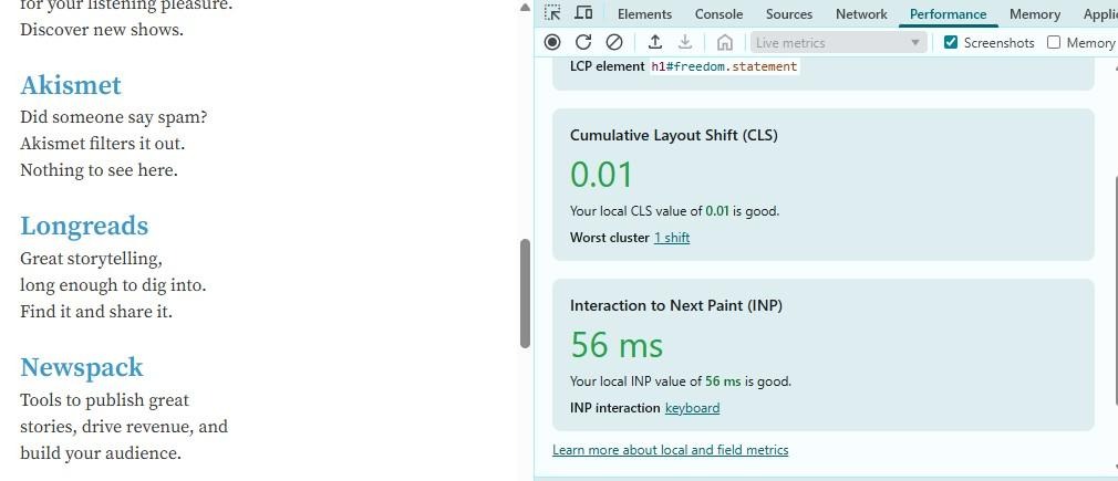 performance tab showing CLS and INP