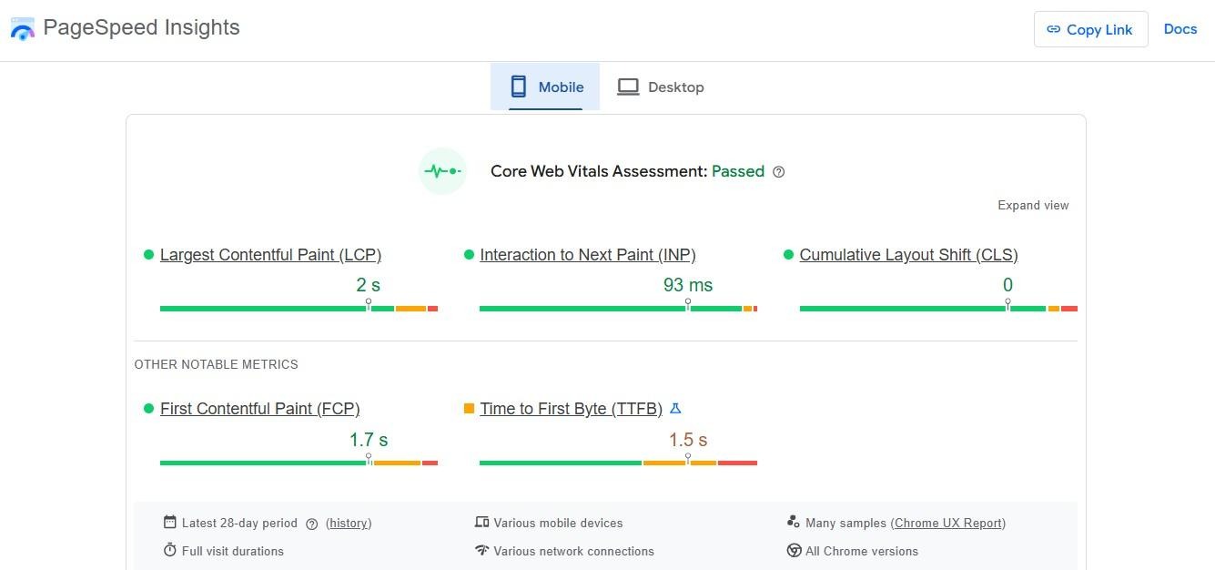 Google PageSpeeds Insights assessment