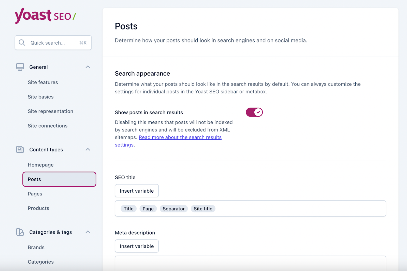 Yoast SEO post meta data settings