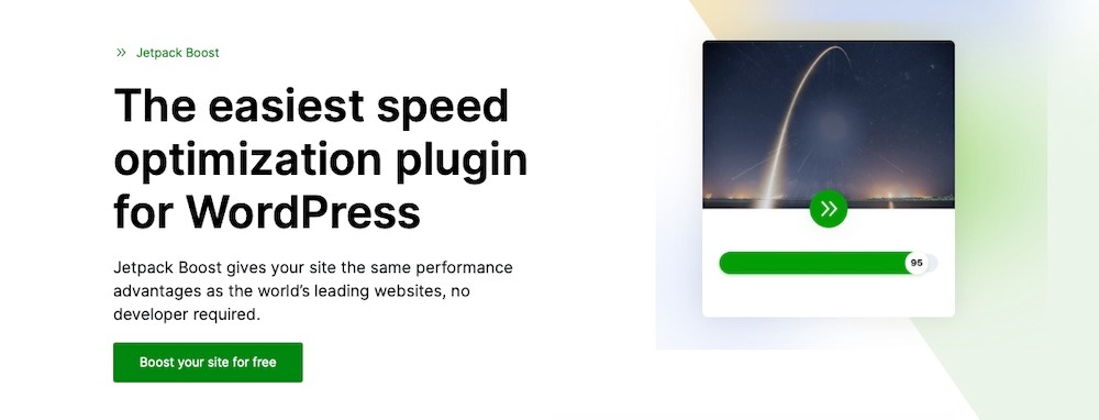 Jetpack Boost homepage with the text "the easiest speed optimization plugin for WordPress"